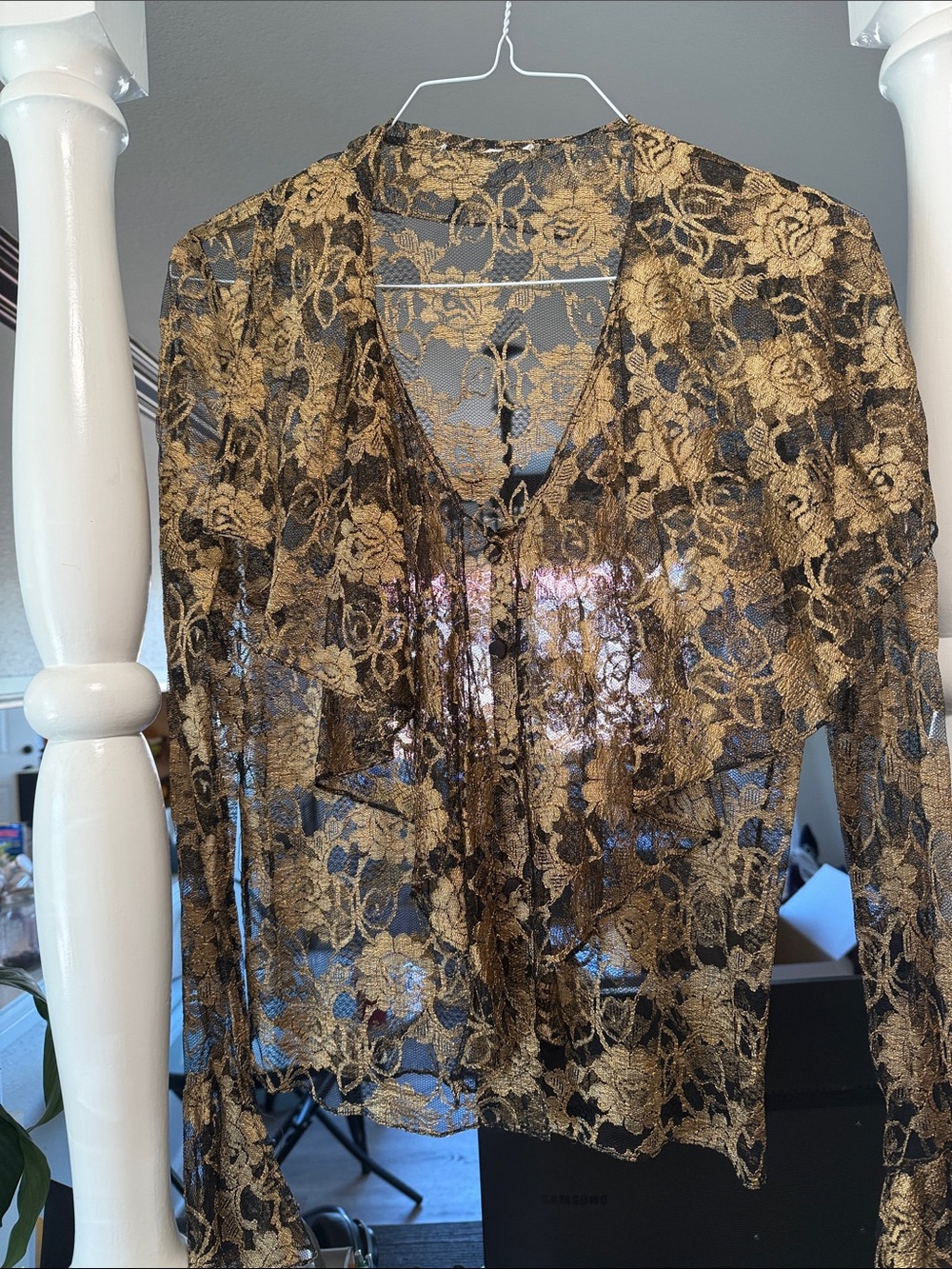 Gold & Black Floral Lace Sheer Open Front Cardigan Jacket Evening Party Top
